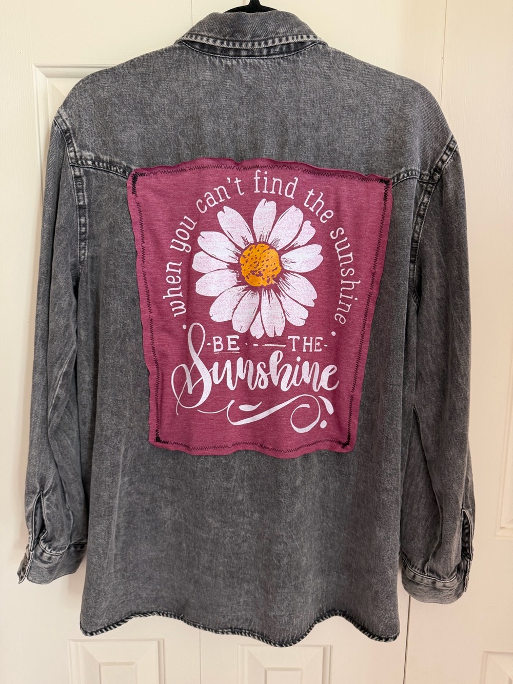 Jane and Delancey Upcyled flowy denim top.  Daisy Sunshine quote!